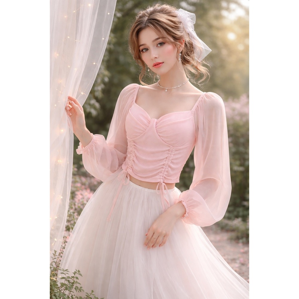 Coquette Fairycore Pink Ruched Milkmaid Sheer CropTop Sweetheart Almost Famous L